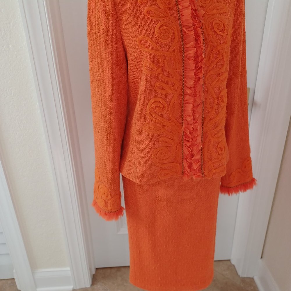 St. John Couture Orange Knit Skirt Sz 10 & Blazer Sz 14 Set